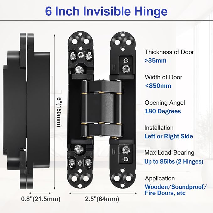 2Kits 6 inch Stainless Steel Hidden Door Hinges -Invisible Hinges for Doors, 180 Degree Swing Concealed Door Hinges, 3 Way Adjustable for Heavy Duty (Black