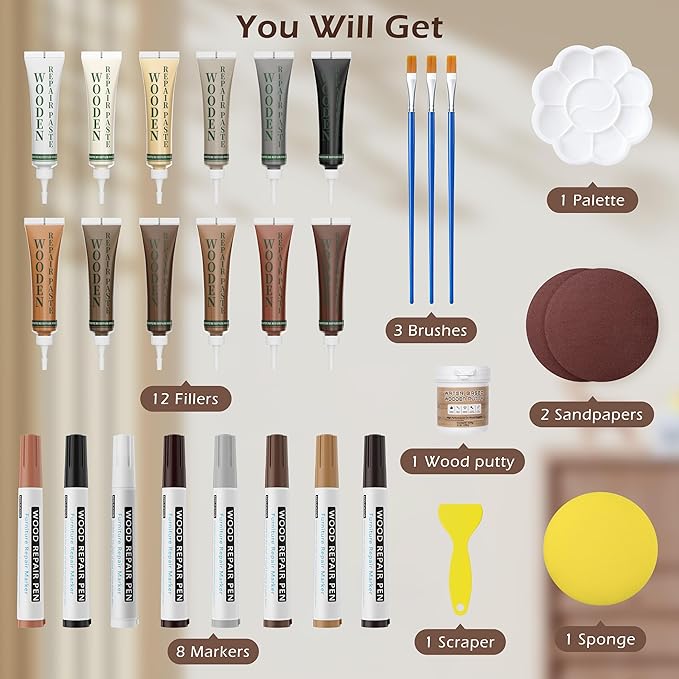Oriflame Wood Furniture Repair Kit: 12-Color Filler and 8-Color Markers - Wood Touch Up for Scratches/Cracks/Holes/Stains in Floors/Table/Cabinets(Hardwood/Laminate) (Colorful)