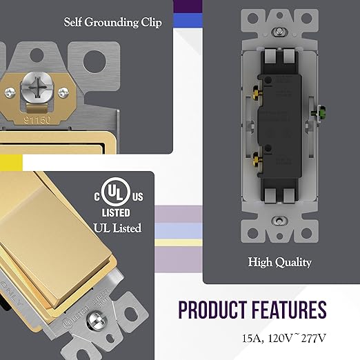 ENERLITES Elite Series Decorator Switch with Screwless Wall Plate, Paddle Light Switch, Single Pole, 3 Wire, Grounding Screw, Residential Grade, 15A 120V, UL Listed, 91150-GDWP5P, Gold Color (5 Pack)