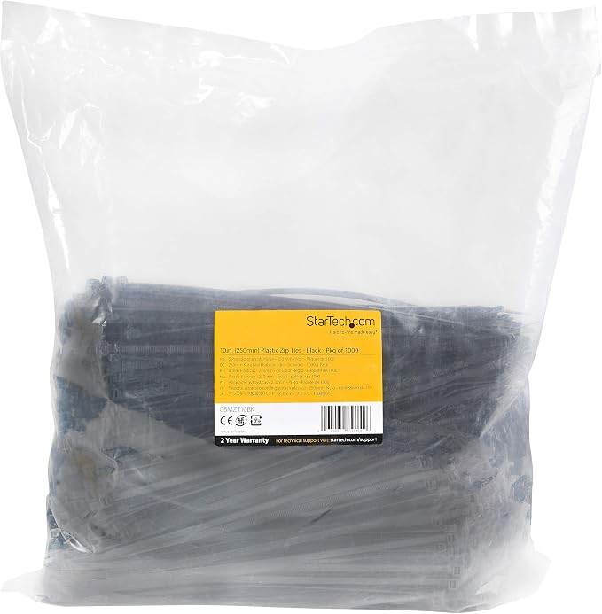 StarTech 10"(25cm) Cable Ties, 94V-2/UL Listed, Black, TAA (CBMZT10B) | 1/8"(4mm) wide, 2-5/8"(68mm) Bundle Diameter, 100 Pack, 50lb(22kg) Tensile Strength, Nylon Self Locking Zip, Curved Tip