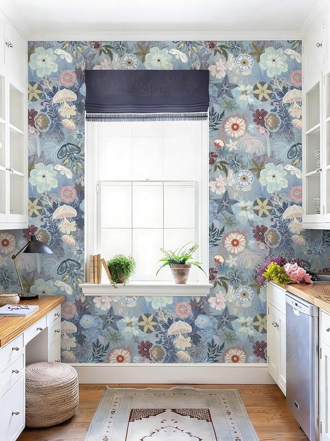 Ismoon Floral Peel and Stick Wallpaper Vintage Blue Contact Paper Jellyfish Ocean Stick on Wall Paper Removable Self Adhesive Vinyl Wallpaper for Bedroom Wall Decor Cabinet Refurbishment 17.3x393in