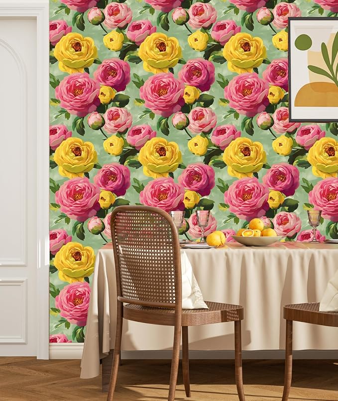 BOKEBEVE Floral Wallpaper Peel and Stick Boho Pink Green 17.5 x 393.7In | Extra Long Removable Renter Friendly Colorful Watercolor Wall Paper for Bedroom Bathroom Living Room Feature Accent Wall