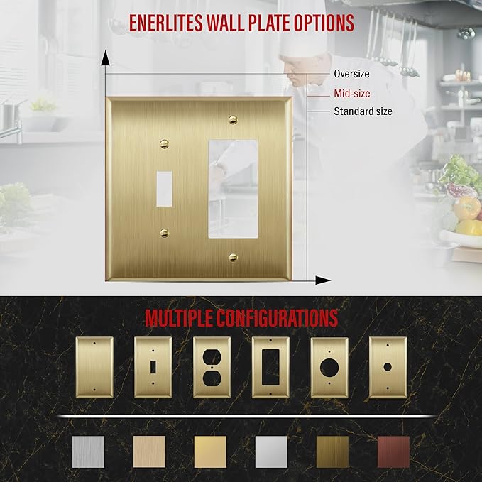 ENERLITES Combination Toggle Switch and Decorator Receptacle Metal Wall Plate, Stainless Steel 201 Outlet Cover, Corrosion-Resistant, Mid-Size 2-Gang 4.88" x 4.92", 771131M-BB, Brushed Brass