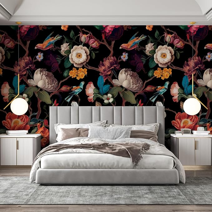 Zeeko Vintage Floral Wallpaper Peel and Stick Large Black Flower Wall Murals for Bedroom TV Background Wall Paintings Art Deco 148" W x 98" H