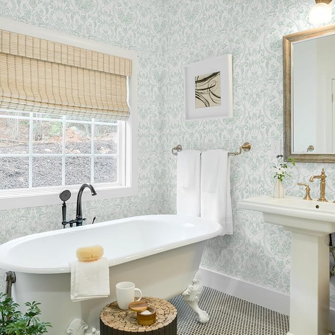 Ismoon Peel and Stick Wallpaper Green Contact Paper 17.3in x 32.8ft Vintage Floral Wallpaper Boho Damask Removable Textured Wall Paper for Bedroom Bathroom Shelf Cabinet Décor