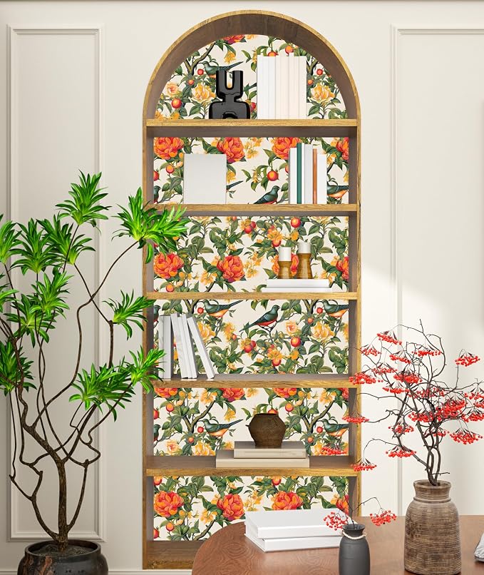 Danodoi Orange Vintage Bird and Stick Wallpaper 17.5" x 393" | Waterproof Vinyl Self Adhesive Removable Renter Friendly Floral Contact Paper