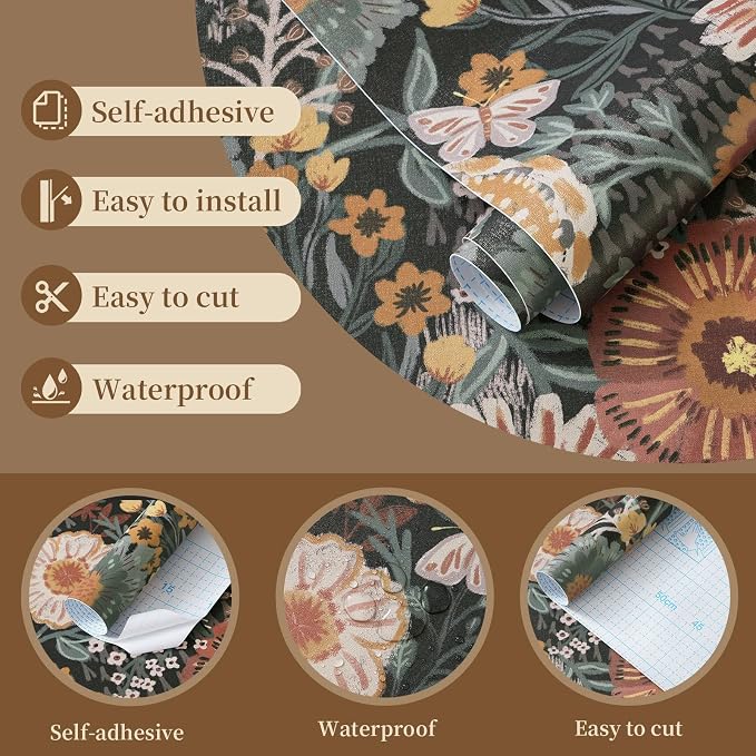 Dimoon Boho Retro Wallpaper Peel and Stick Wallpaper Vintage Floral Contact Paper 17.3''x78.7'' Dark Black Bohemian Removable Wall Paper Renter Friendly Waterproof Wall Mural Bedroom Bathroom Vinyl
