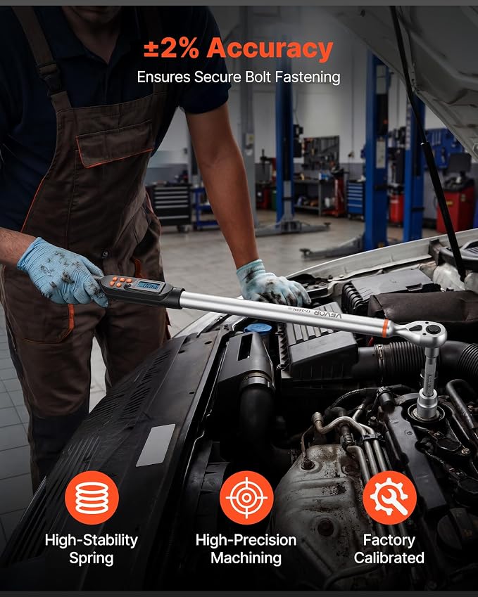 VEVOR Torque Wrench Set 1/2" Drive Digital Torque Wrench 4 Display Units, ±2% Accuracy, LCD Screen, with Buzzer and LED Indicator, with Sockets, Extension Bar, Adapter, for Automotive Repair
