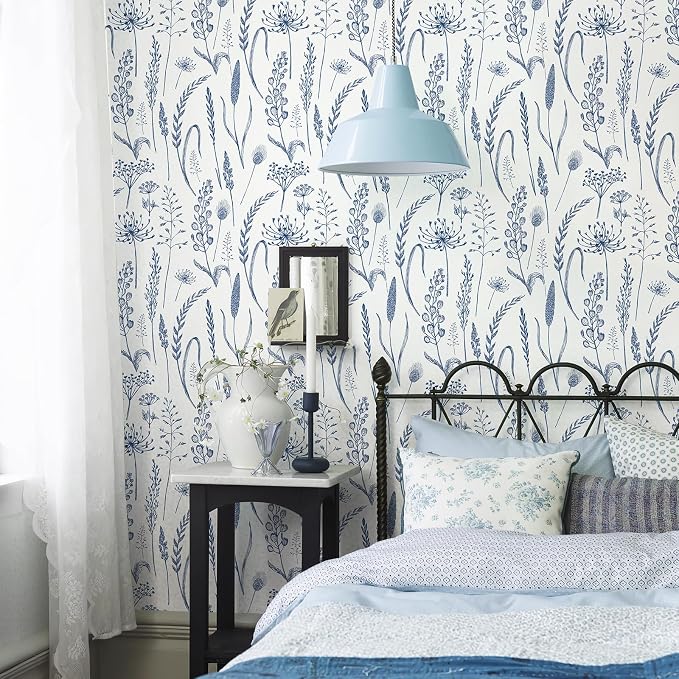 JiffDiff Peel and Stick Wallpaper Farmhouse Vintage Floral Contact Paper Wheat Meadow Removable Self Adhesive Wallpaper Blue and White (56 sq.ft)