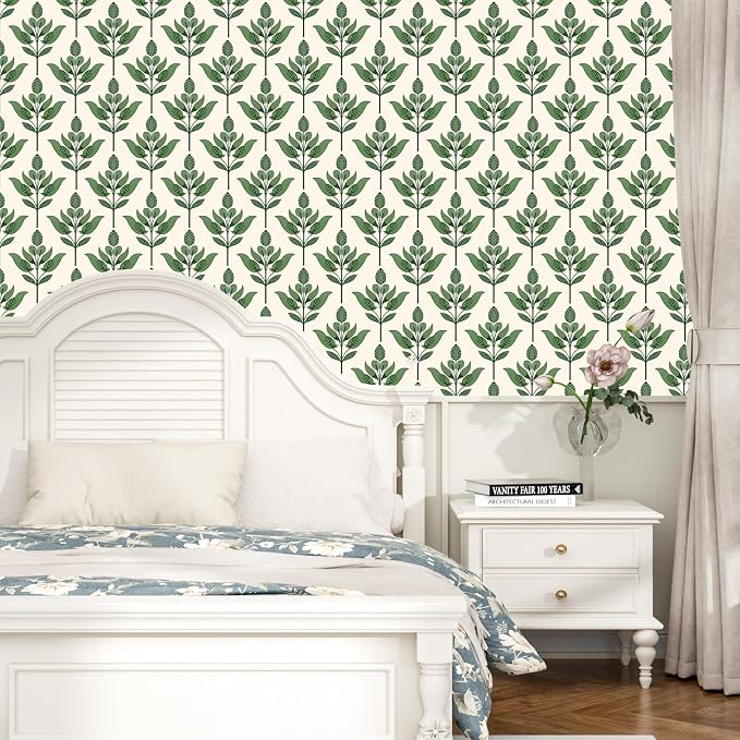 BOKEBEVE Super Long Boho Leaf Wallpaepr Peel Stick Green Beige 17.5 x 787In | Leaves Contact Paper Boho Wallpaper for Accent Wall Bedroom Bathroom Drawer Modern Waterproof Removable