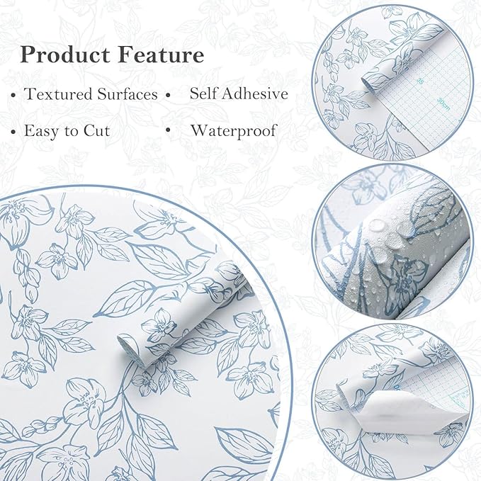 Ismoon Floral Wallpaper Peel and Stick Blue and White Contact Paper Vintage Textured Removable Wallpaper Self Adhesive Renter Friendly Wall Paper 17.3x196in