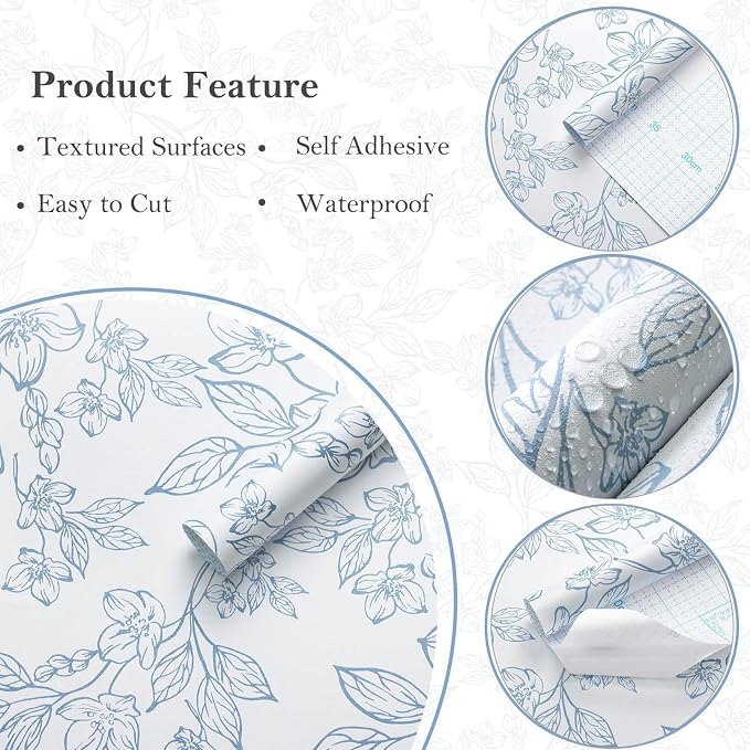 Ismoon Floral Peel and Stick Wallpaper Blue and White Contact Paper Modern Flroal Wall Papaer Textured Removable Self Adhesive Vinyl Stick on Wallpaper for Bedroom Cabinet 17.3x78.7in