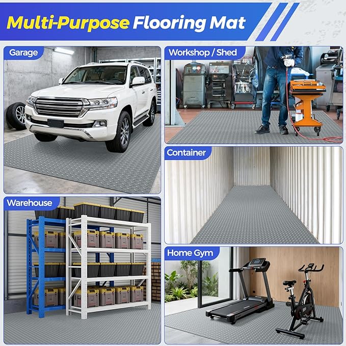 8x21 FT Garage Floor Mat, 2.8mm Thickened Garage Flooring Heavy Duty Rubber Garage Floor Mats for Under Car, Diamond Plate Garage Mat for Garage, Workshop, Enclosed Trailer