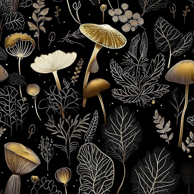 Dark Mushroom Wallpaper Peel and Stick 17.5" x 787",Black Gold | Self Adhesive/Removable/Waterproof/Thick Vinyl Extra Long Contact Paper for Bathroom Bedroom Shelf Cabinet Drawer,Prepasted