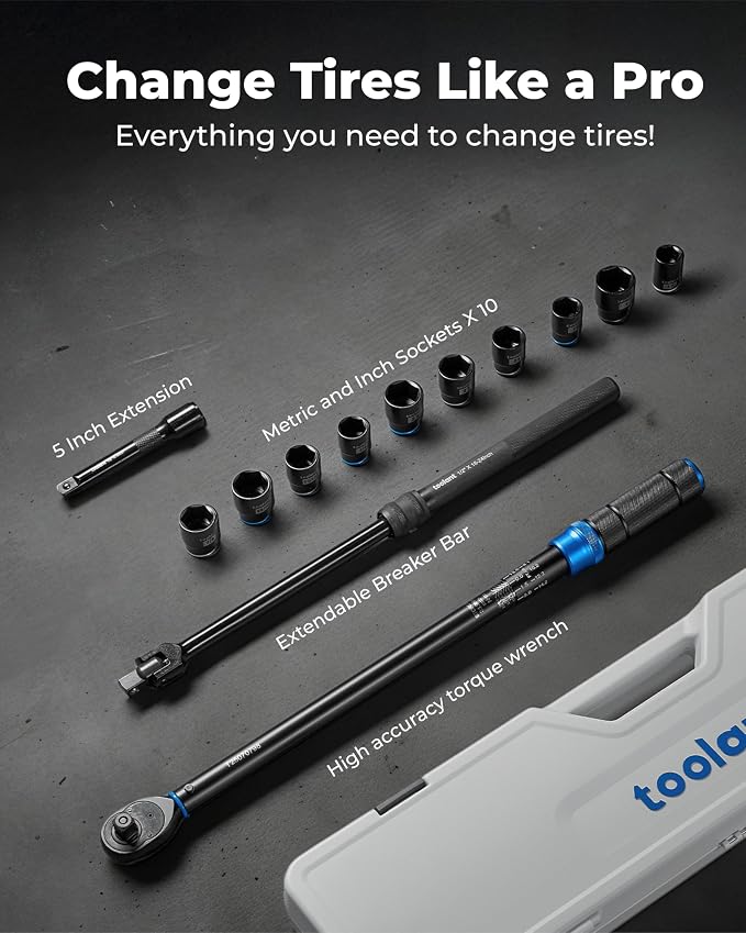 toolant 13-Piece 1/2" Torque Wrench Set, 25-250 ft-lb, ±3% | Includes 10 deep sockets, a 5" extension, and an 18"-24" telescopic breaker bar for tire work.