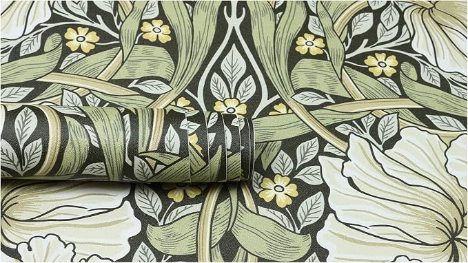 HAOKHOME Vintage Floral Wallpaper Peel and Stick Botanical Sage Green/Yellow Wall Murals Home Kitchen Bedroom Decor by William Morris 17.3in x 6.6ft