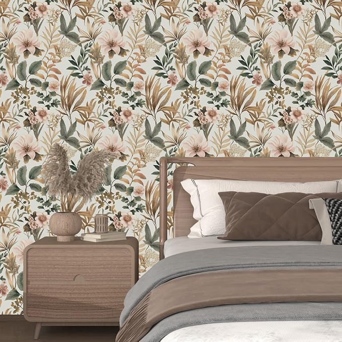 Vintage Pink Green Gold Floral Botanical Wallpaper 17.5''x393'' | Self Adhesive/Removable/Waterproof/Thick Vinyl Contact Paper for Bathroom Bedroom Shelf Cabinet Drawer,Prepasted,Easy Peel