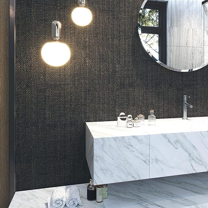 FunStick 24"x394" Black and Gold Grasscloth Peel and Stick Wallpaper Textured Black Contact Paper for Cabinets Removable Linen Fabric Geometric Wall Paper for Bedroom Bathroom Accent Wall Desk Renters