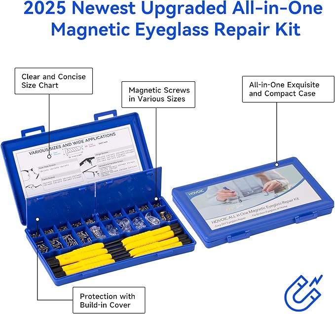 Upgraded All-in-One Magnetic Eyeglass Repair Tool Kit with Screws, Glasses Fixing Kit with Precision Screwdriver Set, Eyeglass Nose Pads and Tweezer for Travel, Gift, Christmas