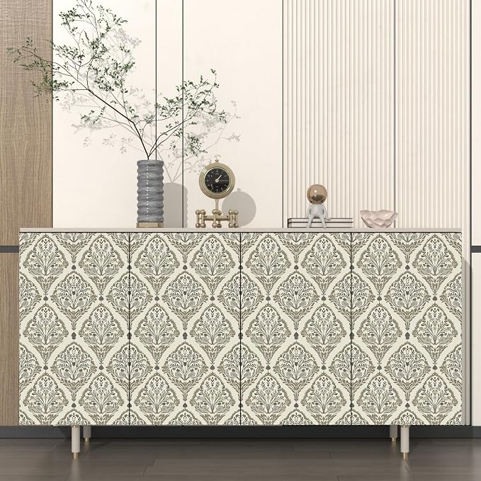 Vintage Khaki Floral Botanical Symmetrical Wallpaper 17.5" x 393" | Self Adhesive/Removable/Waterproof/Thick Vinyl Contact Paper for Bathroom Bedroom Shelf Cabinet Drawer,Prepasted,Easy Peel