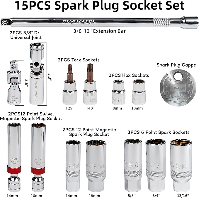 16PCS 3/8" Drive Torque Wrench with Magnetic Spark Plug Socket Set | ±3% Precision Dual Direction Torque Wrenches with 72-Tooth Dual Range Scales with Ft.Lbs and N.m(5-45ft.lb/6.8-61Nm)