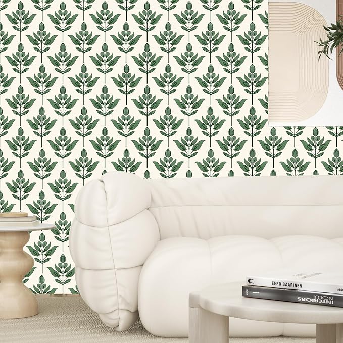 BOKEBEVE Boho Leaf Peel Stick Wallpaper Damask Beige Green 17.5 x 118In | Modern Symmetry Contact Paper Floral Wall Paper for Bedroom Accent Walls Laundry Nursery Pantry Renter Friendly Removable