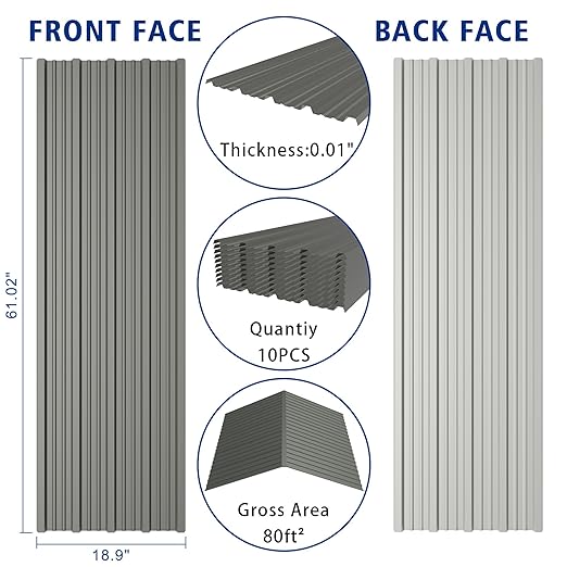 10PCS 80ft² Metal Roofing Panels 61.02”x18.9” Corrugated Metal Sheets Galvanized Exterior Siding Roofing Materials for Outdoor House Garages Sheds Pergola Gazebo Chicken Coop Stables, Grey