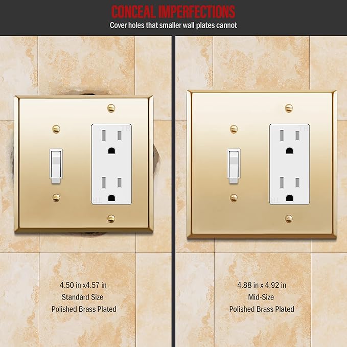 ENERLITES Combination Toggle Switch and Decorator Receptacle Metal Wall Plate, Stainless Steel 201 Outlet Cover, Corrosion-Resistant, Mid-Size 2-Gang 4.88" x 4.92", 771131M-PB, Polished Brass