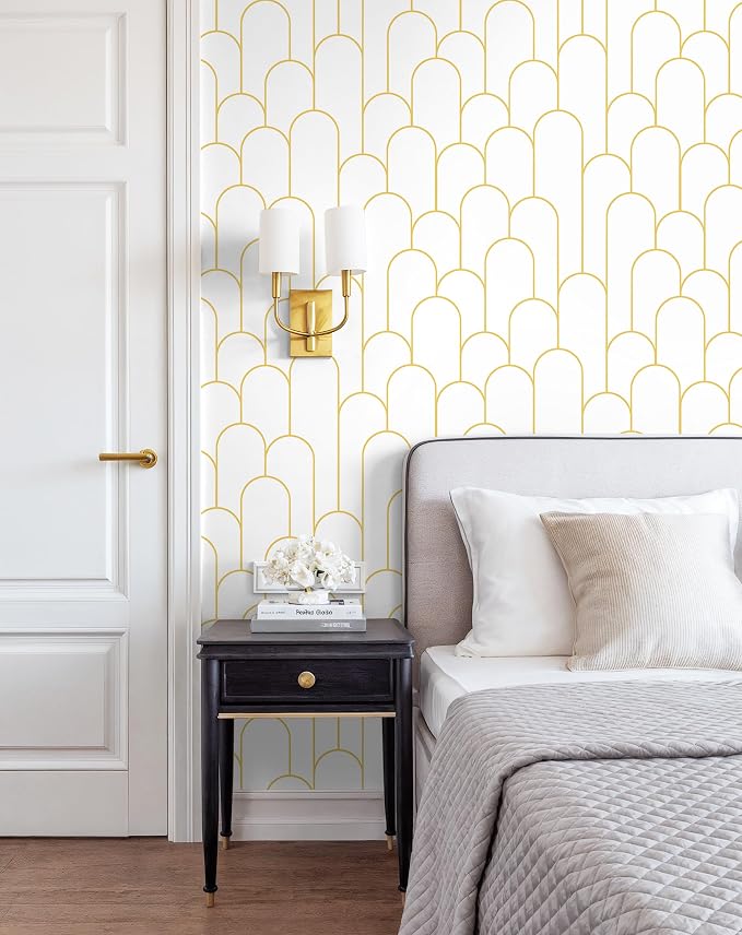 Yasinet Peel and Stick Wallpaper White and Gold Wallpaper Modern Geometric Contact Paper White/Gold Stripe Self Adhesive Wall Paper Decorative for Wall Bedroom 17.3''x393.7''