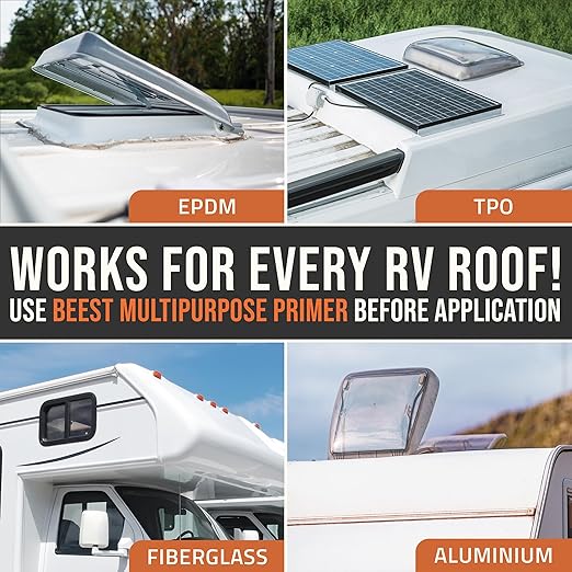 BEEST RV Roof Repair Kit Includes: Roof Coating 5G, EPDM Primer 1G, RV Cleaner 32 Oz, Non-Sag Lap sealant, Self-Leveling Lap Sealant, Seam Roller, Seam Tape & Gloves| Repair & Maintenance Bundle