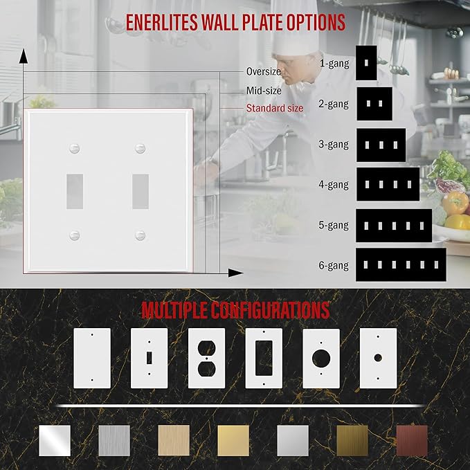 ENERLITES Double Toggle Light Switch Metal Cover Plate, Wall Plate, Corrosion Resistant, Standard Size 2-Gang 4.50" x 4.57", Powder Coated Stamped Steel, 7712-WG, White Gloss (Pack of 1)