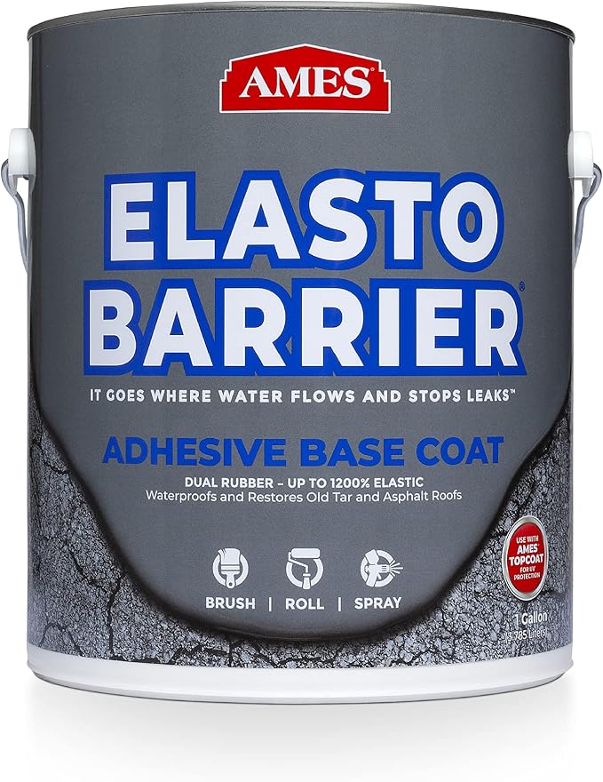 AMES SEB1 Elasto-Barrier Adhesive Base Coat-1 Gallon, Gray Primer Perfect for RV, Wood, Roofs and More-Expands and Contracts 1200% -Made in The USA, Grey Liquid Rubber