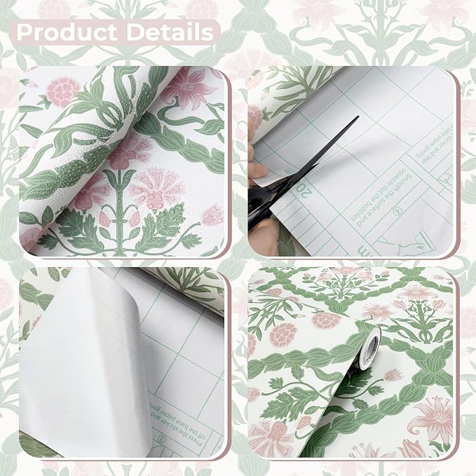 Pink Floral Peel and Stick Wallpaper Vintage Wall Paper Boho Pink Floral Damask Wallpaper for Bedroom Decorative Self Adhesive Shelf Drawer Liner 17.3" x 78.7"