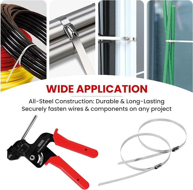Stainless Steel Cable Tie Gun Set Metal Zip Tie Tool Kit (Red) | Heavy Duty, 150PCS Self-Locking Ties, Adjustable Fastening & Cutting Tool for Outdoor Fencing, Automotive, Exhaust Pipes