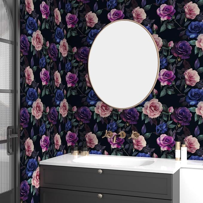 Gothic Purple Floral Wallpaper Peel and Stick 17.5" × 118" | Self Adhesive/Removable/Waterproof/Thick Vinyl Contact Paper for Bathroom Bedroom Shelf Cabinet Drawer,Prepasted,Easy Peel