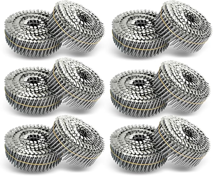 waltyotur 3600 Count Stainless Steel Coil Roofing Ring Shank Siding Nails 15-Degree Collated Wire Coil 2-1/2 Inch, 0.09 Inch Ring Shank, Small Cap Coil Stud Siding Nails