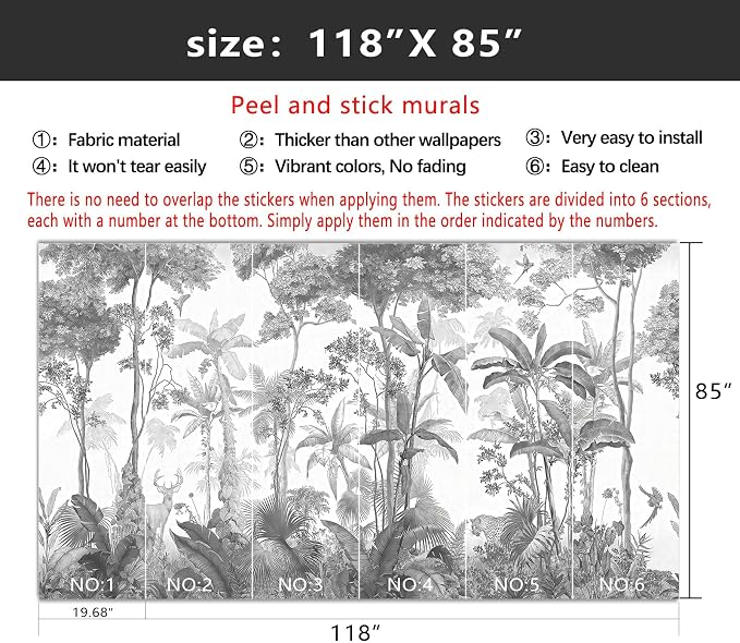 YIHWM-Peel and Stick Tropical Rainforest Wallpaper Grey Jungle Plants Mural | Tear-resistant,with a substantial feel;Will not be damaged during repositioning.Bathroom,Bedroom wallpaper.M-118"x85"