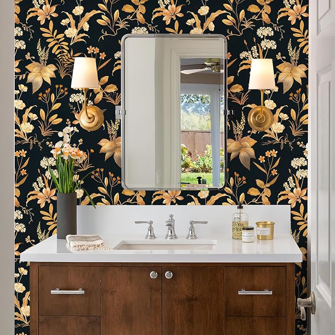 Simon&Siff Vintage Floral Peel and Stick Wallpaper 17.3" x 480" | Black Gold Botanical Contact Paper, Removable Wall Paper, Renter Friendly, for Cabinets, Furniture, DIY Decor