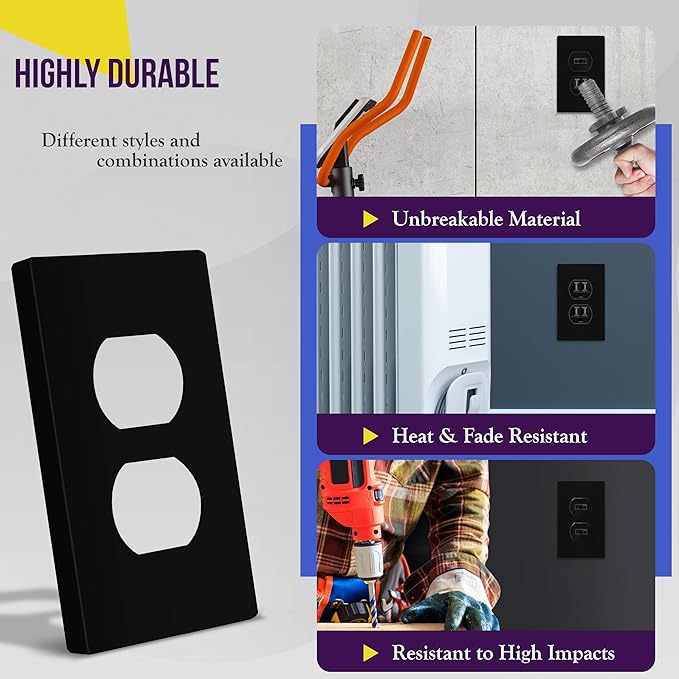 ENERLITES Screwless Duplex Wall Plate, Child Safe Receptacle Outlet Cover, Standard Size, 1-Gang 4.68" x 2.93", Unbreakable Polycarbonate Thermoplastic, UL Listed, SI8821-BK-5PCS, Black, 5 Pack