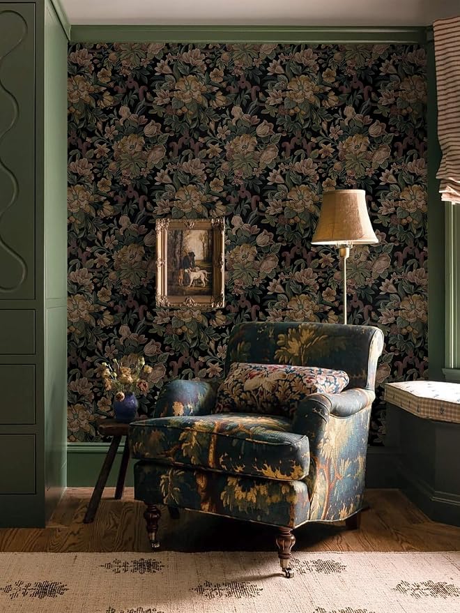 Dimoon Vintage Wallpaper Peel and Stick Archival Dark Green Floral Wallpaper 17.3"x78.7"Flower Leaf Retro Contact Paper for Bedroom Thicken Waterproof Self Adhesive Wall Paper Removable Vinyl Roll