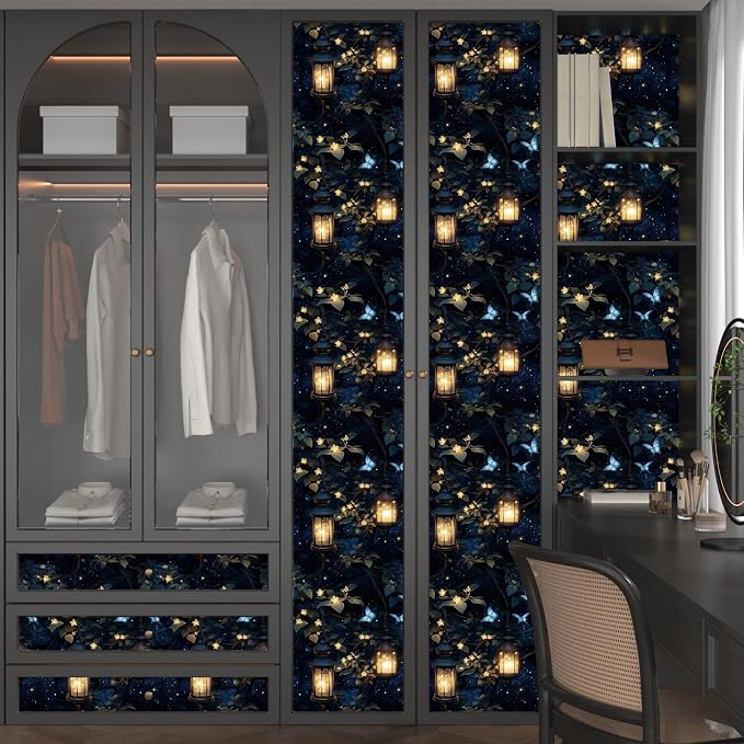 Dark Wallpaper Peel and Stick Night Forest Contact Paper Vintage Green Leaf Wall Paper Vinyl Waterproof Self Adhesive Retro Lantern Butterfly Walls Mural for Bedroom Cabinet Table Décor17.5" x 118"