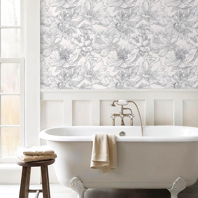 Ismoon Vintage Floral Wallpaper Peel and Stick Beige and Gray Contact Paper 17.3inx32.7ft Removable Self Adhesive Wall Paper for Bathroom Bedroom Cabinet Mural Wall Decor Vinyl Renter Friendly