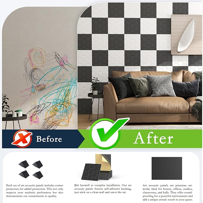 12Pack Acoustic Wall Panels, Honeycomb Self-Adhesive Sound Proof Foam Panels for Walls, High Density Decorative Hexagon Sound Absorbing Wall Tiles for Recording Studios, Home, 12"×12"×0.4", Black