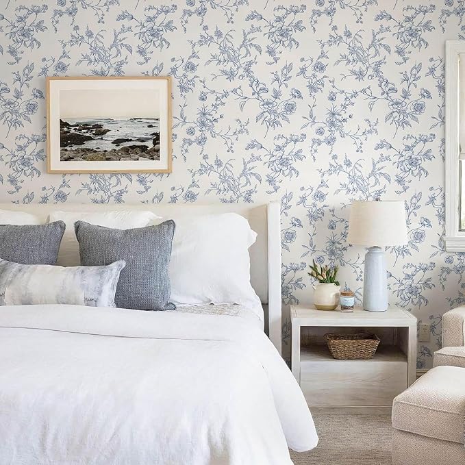 Ismoon Peel and Stick Wallpaper Floral Vintage Stick on Wall Paper Blue and White Contact Paper for Cabinet French Textured Removable Self Adhesive Wallpaper Vinyl for Bedroom Wall Deco 17.3 x 78.7in