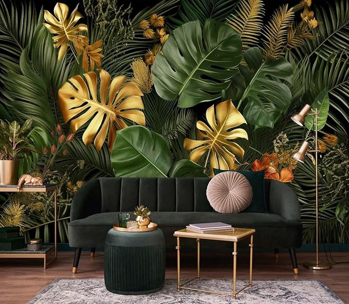 Jdayda Gold and Green Monstera Leaf Wallpaper Tropical Jungle Banana Leaves | 127"x96" Not Self-Adhesive Wall Mural for Living Room Bedroom