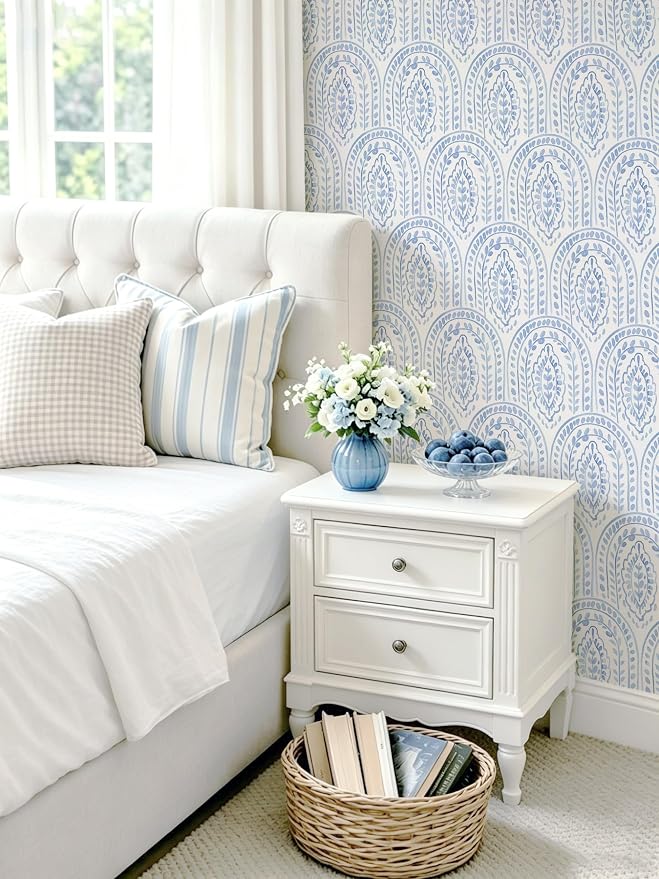 Peel and Stick Wallpaper Modern Wall Paper Boho Contact Paper Removable Peel and Stick Blue and White Self-Adhesive Wallpaper for Bathroom Bedroom Kitchen Wall Decor 17.3" x 394"