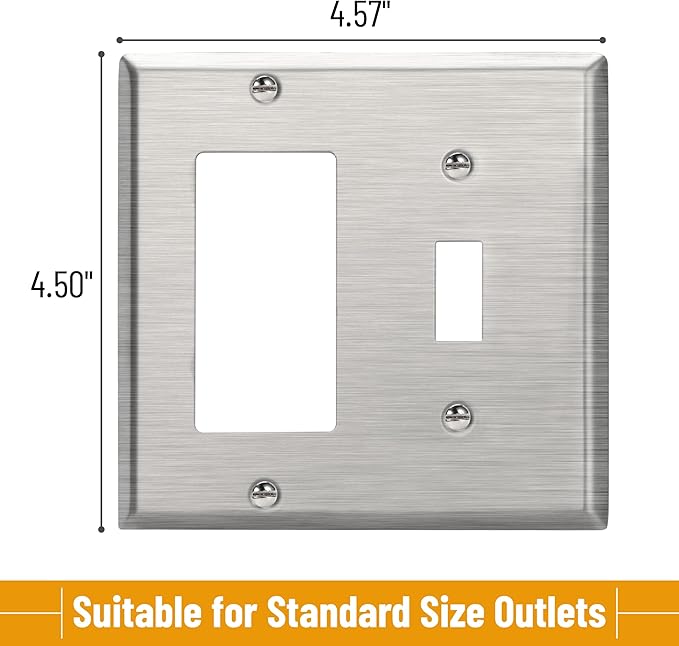 Bates- Combination Wall Plate, Toggle Switch/Decorator, Stainless Steel, Silver, 4.50"x4.57"/Standard Size, 2 Gang Wall Plate