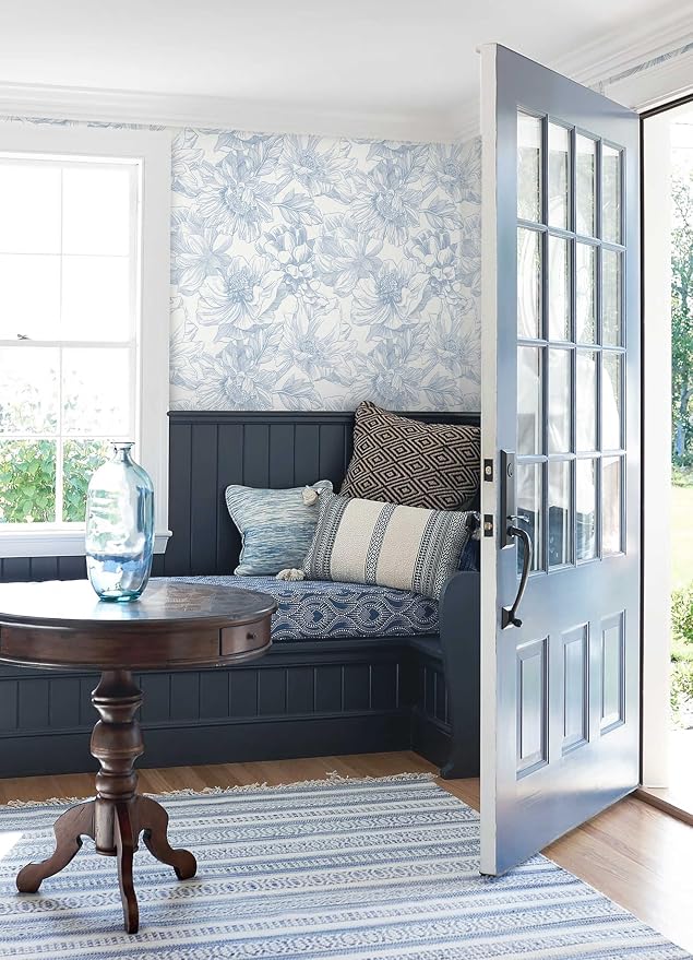 78.7"x17.3"Peel and Stick Blue Vintage Floral Line Wallpaper for Living Room