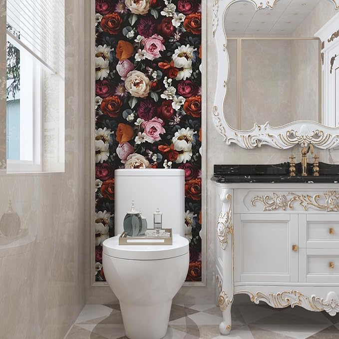 Vintage Black Red Rose Floral Peel and Stick Wallpaper 17.5"x393" | Self Adhesive/Removable/Waterproof/Thick Vinyl Contact Paper for Bathroom Bedroom Shelf Cabinet Drawer,Prepasted,Easy Peel