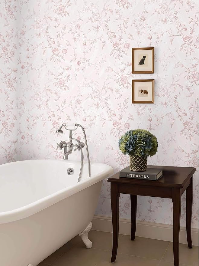 Ismoon Floral Wallpaper Peel and Stick Pink Stick on Wall Paper Vintage French Contact Paper for Cabinet Textured Removable Self Adhesive Wallpaper Vinyl Roll Shelf Deco, 17.3x787in